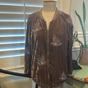 Anthroplogie Brown Velvet Bomber Jacket with Embroidered Details Hei Hei NWT